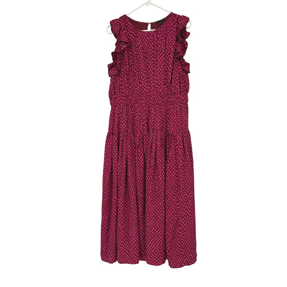 Ann Taylor 12 Pink Burgundy Geometric Ruffle Sleeve Tiered Midi Dress Office